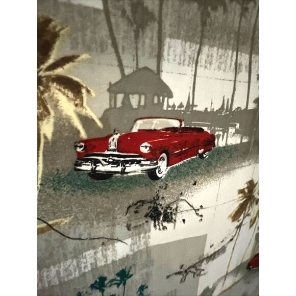 Mens Hawaiian Floral Button Up Camp Shirt XL Pocket Retro Classic Vintage Cars - Picture 7 of 9